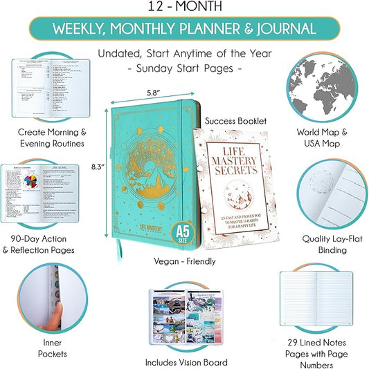 Life Mastery Planner - A 12 Month Journey to Crush Your Goals, Increase Productivity, Passion, Success & Happiness - Weekly & Monthly Life Planner, Habit-Tracker, Gratitude Journal & Organizer, A5
