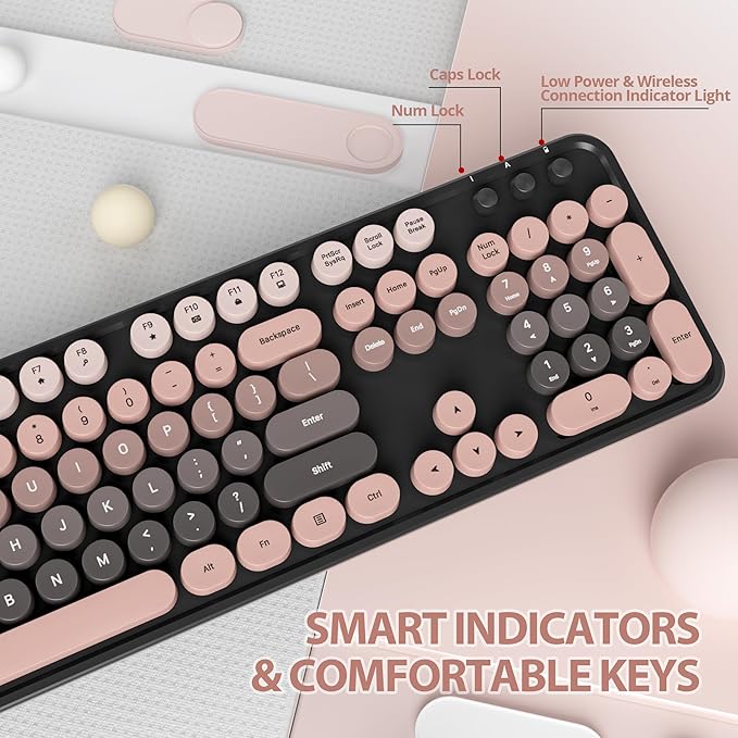 Fogruaden Pink Keyboard and Mouse Wireless, Retro Typewriter Keyboard, 2.4GHz 104 Keys Full Size Cute Keyboard with Number Pad, Gradient Colorful Round Keycaps for Windows PC Desktops Laptop