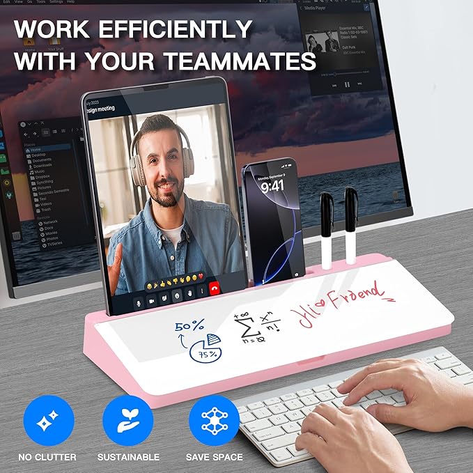 KVY Pink Desk Whiteboard with Storage,Desktop Glass Dry Erase White Board Organizers Supplies with Accessories for Women.Office, Home, School Essentials