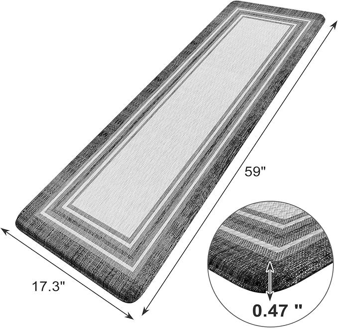 KIMODE Anti Fatigue Kitchen Mat, Cushioned Farmhouse Kitchen Runner, Non Slip Waterproof Kitchen Mat for Floor, Comfort Foam Standing Desk Mat for Laundry, Office, Sink Black 17.3"x59"