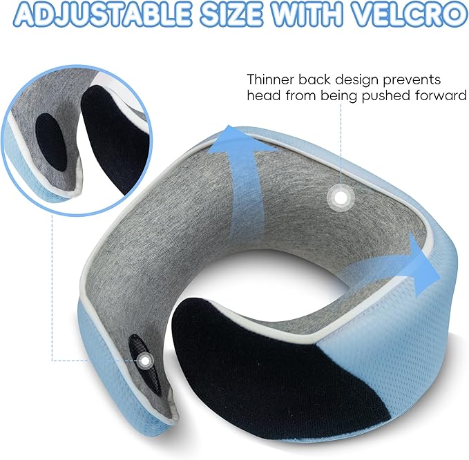 Proglobe Junior Kids Travel Neck Pillow - Ergonomic Memory Foam Pillow for Airplane, Car, Booster Seat - Soft, Washable, Compact Travel Pillow with Strap - Light Blue - Ages 4–13