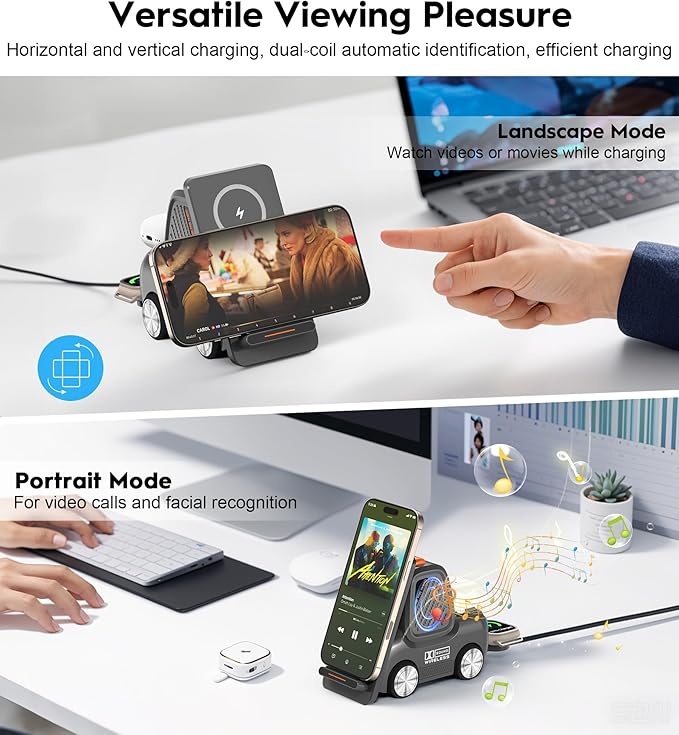 Forklift Wireless Charging Station with Bluetooth Speaker, 4 in 1 Wireless Fast Charger Multiple Devices, Compatible with iPhone16 15 14 13 Pro Max Series, Apple iWatch, Airpods, Android Phones