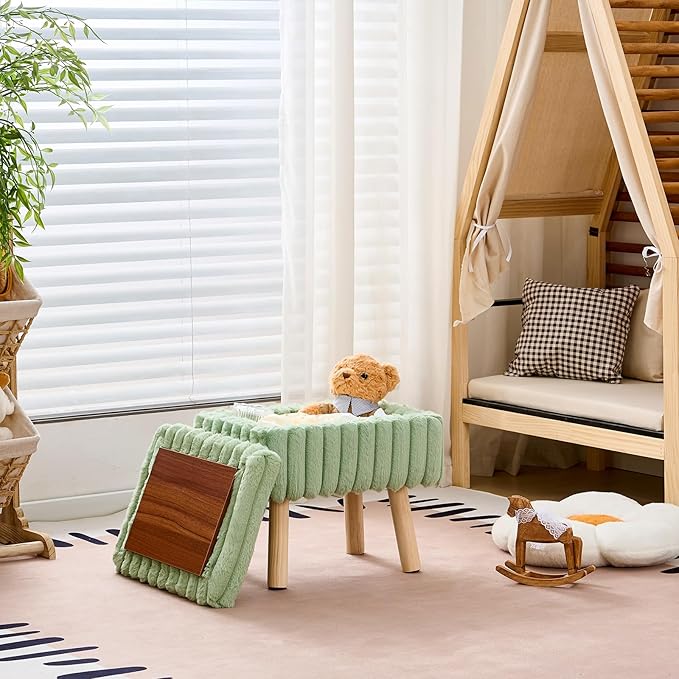 Wimarsbon Storage Ottoman,Soft Faux fur Footstool with Padded Seat, Small Reading Vanity Chair, Footrest with Wood Tray for Couch, Mini Coffee Table or Display Stand (Light Green, Rectangular Storage)