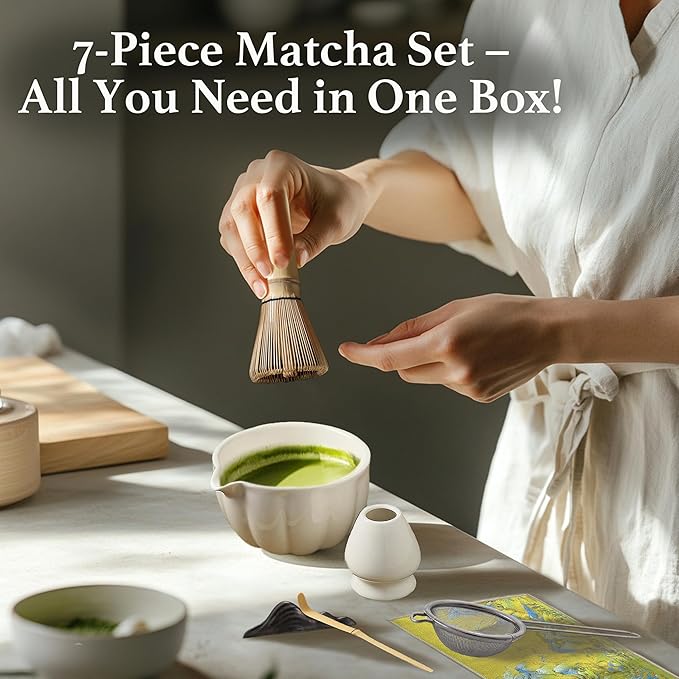 Matcha Whisk Set – 7 Pcs Japanese Matcha Kit, Bowl (Chawan) with Spout, Bamboo Whisk (Chasen) & Holder, Scoop (Chashaku), Sifter, Tea Towel – Perfect for Matcha Lovers & Tea Ceremony (White)