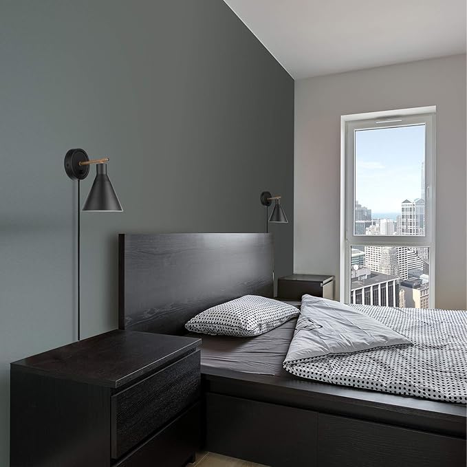 GLOBE Electric 51725 1-Light Dimmable Plug-in or Hardwire Wall Sconce, Matte Black, Faux Walnut Accent, Stepless Dimming Rotary Switch on Canopy, Black Fabric Cord, Bulb Not Included