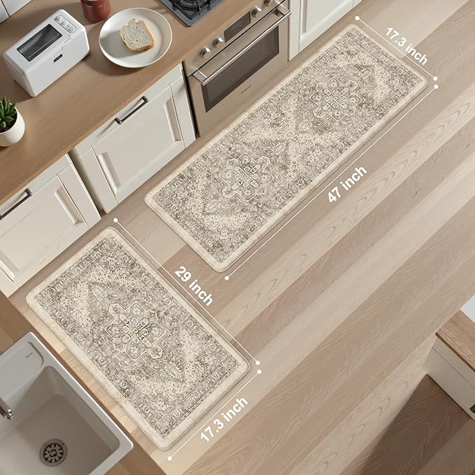KIMODE Anti Fatigue Kitchen Mats 2 PCS 17"x47"+17"x29", Boho Kitchen Rugs and Mats, Non Slip Cushioned Kitchen Mats for Floor, Waterproof Kitchen Floor Mats for Laundry, Office, Sink, Khaki