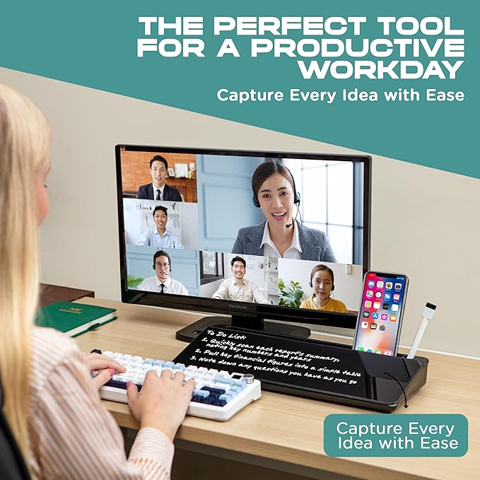 Glass Desktop Whiteboard for Quick Notes & Reminder – Desk Storage with Drawer – Compact Desk Organizer Whiteboard – Small Dry Erase Board - Desktop Accessories for Home Office (Black)