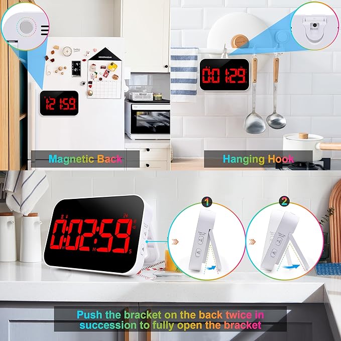 Digital Kitchen Timer Magnetic Countdown Countup Timer with Large LED Display Volume Adjustable with Sound Alert Function Easy for Cooking and for Seniors and Kids to Use-Red