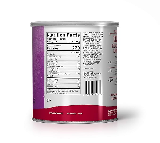 Big Train Spiced Powdered Instant Chai Tea Latte Mix, Spiced Black Tea with Milk, 56 Ounce