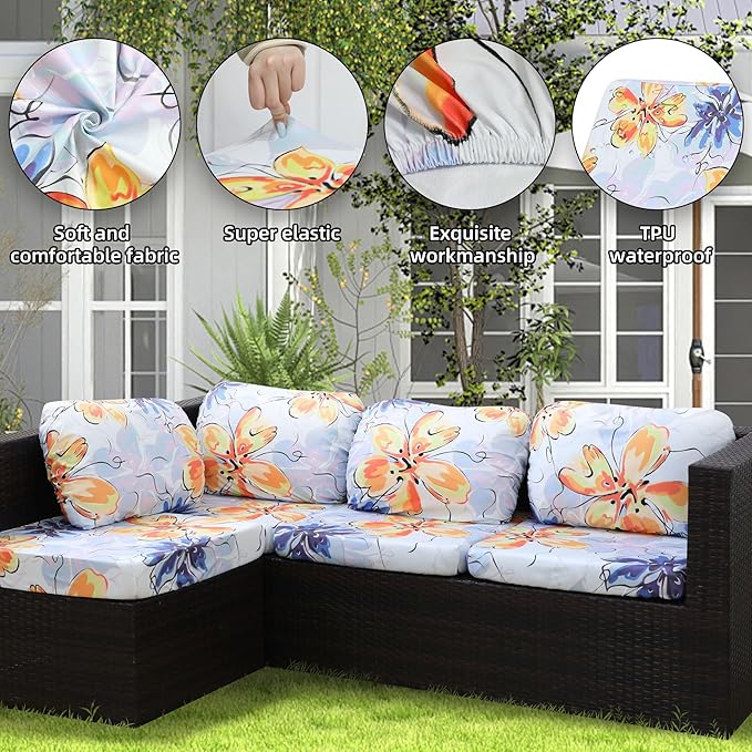 8Pcs Stretch Patio Cushion Covers Outdoor Cushion Cover, Jacquard Stretch Cushion Covers, Cover Replacement, Outdoor Sofa Covers, Washable Furniture Couch Cushion Cover (Mystery Sea)