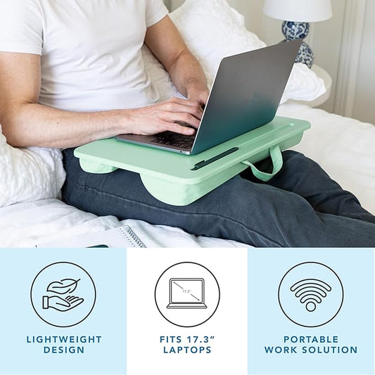 LAPGEAR Original Lap Desk – Large (17.9” x 13”) | Fits Up to 17.3” Laptops | Cushioned with Device Ledge, Pencil Tray & Handle | Portable & Lightweight | Sage Green – Style No. 45151