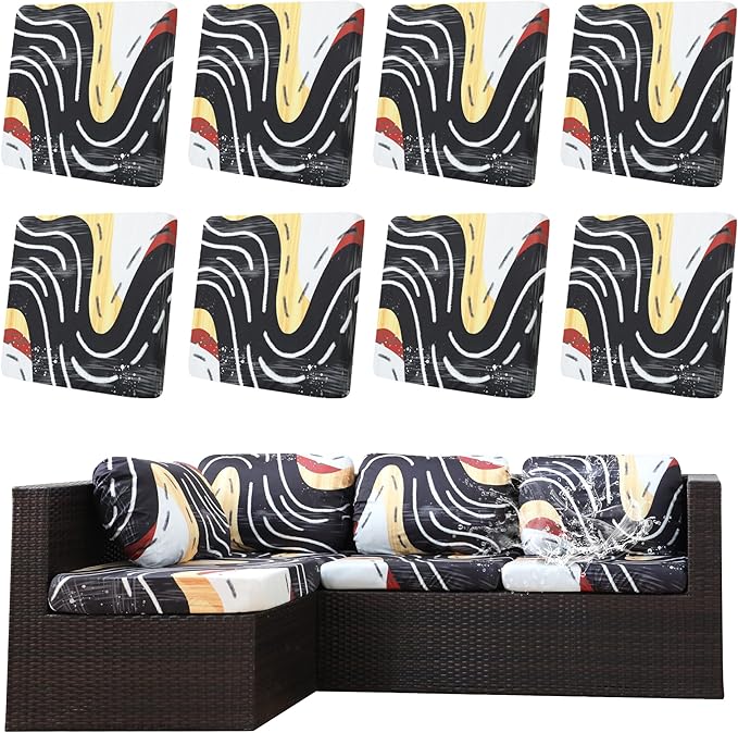8Pcs Outdoor Cushions Covers Waterproof, Patio Cushion Covers, Stretch Cushion Covers Replacement,Cushion Slipcovers, Furniture Cushion Covers (Black River, 8PCS-Print)