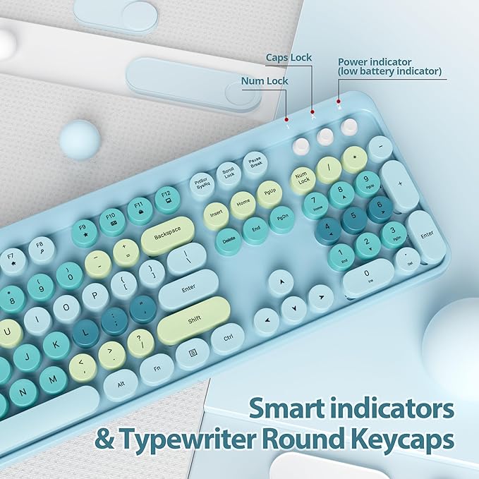 Fogruaden Blue Keyboard and Mouse Wireless, Retro Typewriter Keyboard, 2.4GHz 104 Keys Full Size Cute Keyboard with Number Pad, Blue Colorful Keyboard with Retro Round Keycaps for Windows PC Laptop