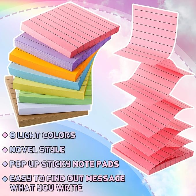 8 Pads Pop up Sticky Notes with Lines 3 x 3 Inches, 8 Pastel Colors Pop up Note Pads Adhesive Lined Sticky Notes Self Stick Notes Pads for Teens Girls Boys Women Office School Desk Supplies