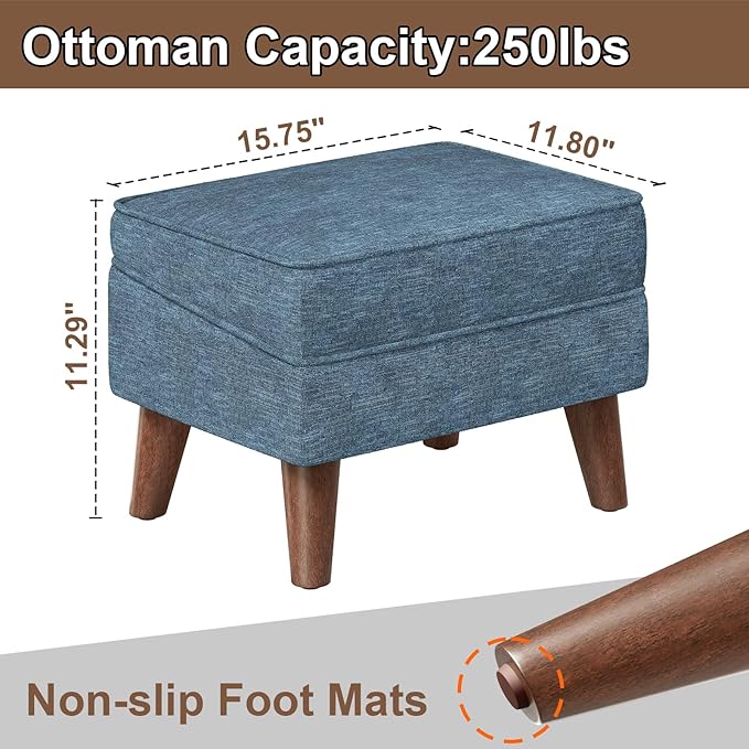 Small Footstool Ottoman with Storage, Ottoman Foot Rest, Modern Foot Stool with Adjustable Lid and Sturdy Wood Legs for Living Room, Bedroom, Couch, Enterway, Blue
