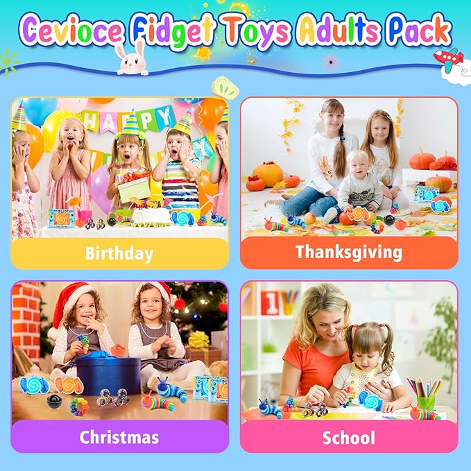 Cevioce 15Pcs Fidget Toys Adults Pack,Stocking Stuffers for Teens Boys Girls,Autism Sensory Toys with Fidget Spinner Slug Magnetic Rings,Squishy Fidget Toys ADHD Stress Relief,Party Favor for Kid-BOG