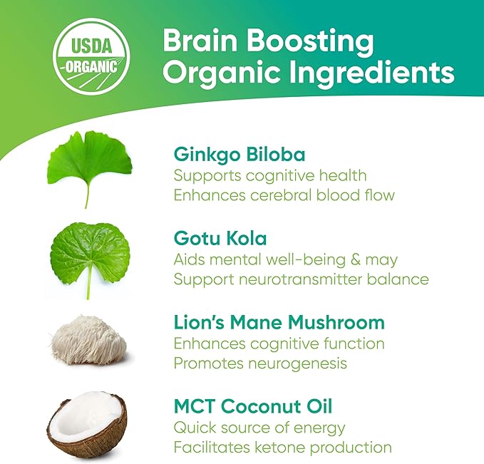 Brain Tea Focus & Memory - Organic Certified 4-in-1 Nootropic Brain Supplement with Ginkgo Biloba, Gotu Kola, Lion’s Mane Mushroom and MCT - Caffeine-Free Herbal Tea for Mental Clarity (30 Sachets)