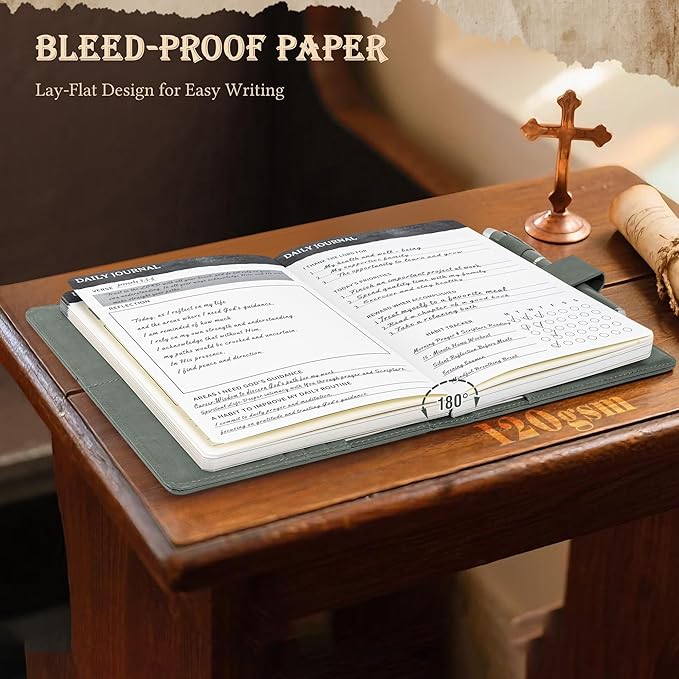 Ospelelf Green Faux Leather Prayer Journal - Christian Gift Journal for Women & Men, Daily Devotional Planner Notebook for Bible Study, Gratitude & Reflection, Undated 3-Month