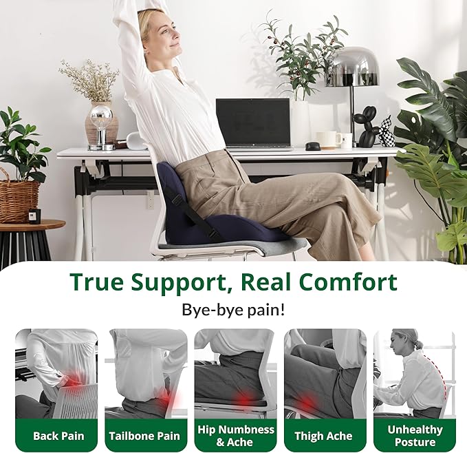 Ergonomic Seat Cushion for Sciatica Relief & Long Driving - Memory Foam Back Support with Adjustable Strap, Non-Slip Base & Removable Mesh Cover - Office, Car (Navy Blue)