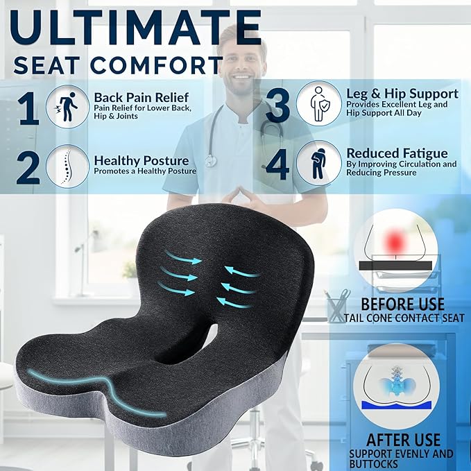 Ergonomic Memory Foam Seat Cushion for Truck Drivers Office Chairs Home Chair Cushion Car Desk Chair Non Slip Pad, Sciatica & Tailbone Pain Relief, Long Sitting Comfort Pad (Grey)