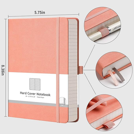 AHGXG Thick Journal Lined Notebook, 320 Numbered Pages Leather Journal for Women, A5 Notebook College Ruled, 100gsm Paper,Faux Leather Hardcover, 5.75'' X 8.38''-Pink