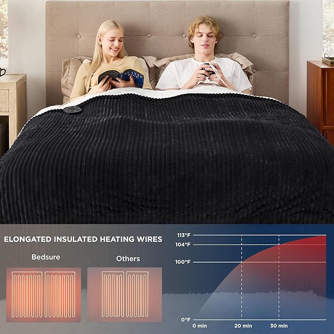 Bedsure GentleSoft Electric Blanket King Size - Soft Ribbed Flannel Heated Blanket with Dual Control, Heating with 10 Heat Settings & 10 Time Settings, 8 hrs Timer Auto Shut Off (90x100 inches, Black)