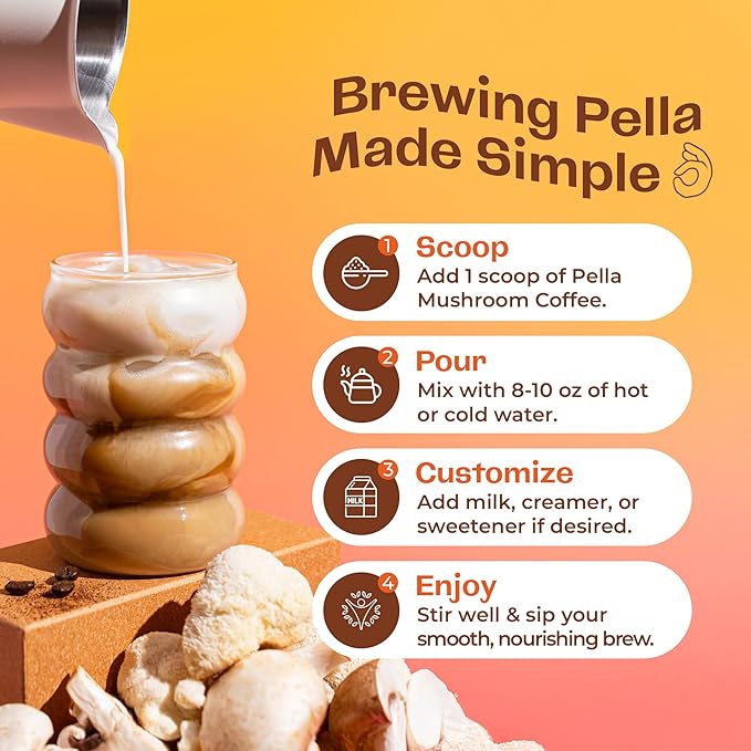 Pella Nutrition Organic Mushroom Coffee – Lions Mane, Reishi, Chaga, Cordyceps, Shiitake, Maitake & Turkey Tail – Superfood Instant Mushroom Coffee Blend for Focus & Energy (Regular Caffeine, 60 Cups)