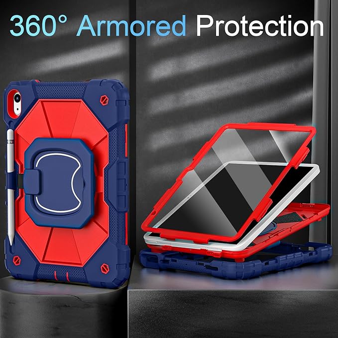 Case for iPad (A16) 11th/10th Generation 11.0/10.9 Inch with Screen Protector/360° Rotating Stand/Shoulder Strap/Pencil Holder,Military Grade Shockproof iPad Case 10th Generation,Navy Red