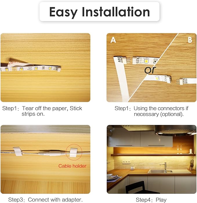 Under Cabinet LED Lighting kit, 6 PCS LED Strip Lights with Remote Control Dimmer and Adapter, Dimmable for Kitchen Cabinet,Counter,Shelf,TV Back,Showcase 2700K Warm White, Bright, Timing