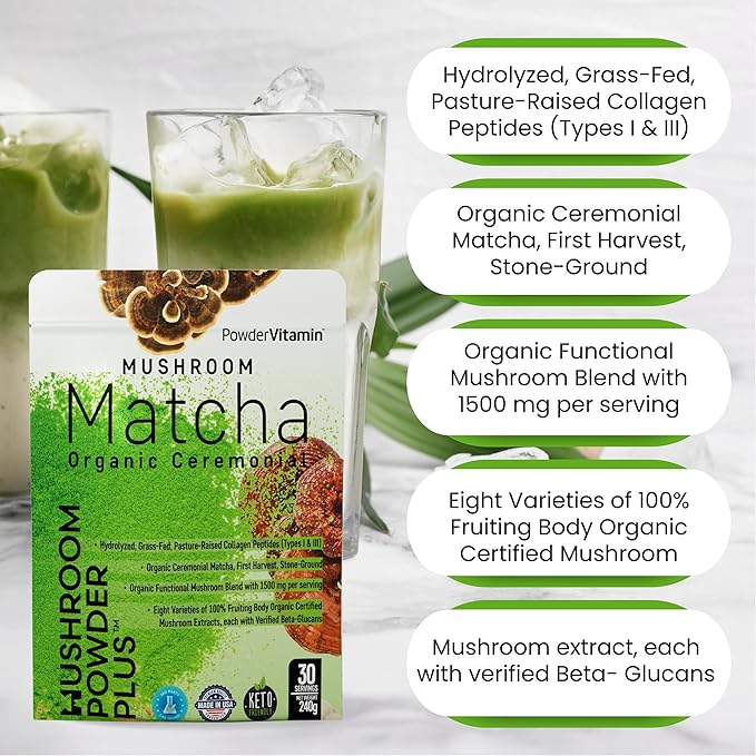 Organic Ceremonial Mushroom Matcha Certified Pesticide-Free Grass-Fed Collagen Types I & III 8 Fruiting Body Mushrooms Tested for Beta-Glucans Focus Digestion & Immunity 30 Servings