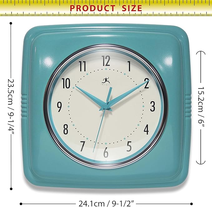 Infinity Instruments Retro – 9-Inch Square Silent Non-Ticking Mid-Century Modern Wall Clock – Vintage Decorative Timepiece for Kitchen, Office, or Diner – Turquoise