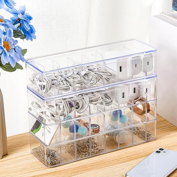 Tatuo 1 Pcs Cable Organizer Box with Wire Ties, Plastic Cord Storage Box with Lid, Electronics Organizer for Home Office Desk Organizers and Accessories (10.79'' X 3.78'' X 1.97'',Clear)