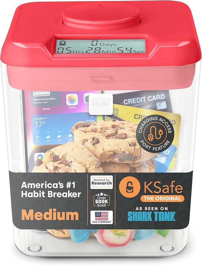 Kitchen Safe Time Locking Container, Phone Jail, Medication Lock Box, Break Bad Habits, Quit Smoking, Stop Snacking, Gaming Addiction, Family Time (Medium, Pink Lid + 5.5” Clear Base with Access Port)