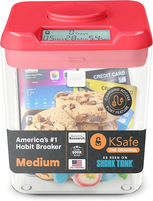 Kitchen Safe Time Locking Container, Phone Jail, Medication Lock Box, Break Bad Habits, Quit Smoking, Stop Snacking, Gaming Addiction, Family Time (Medium, Pink Lid + 5.5” Clear Base with Access Port)