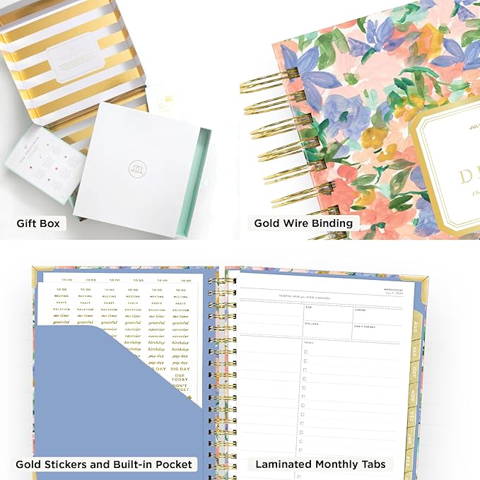 Day Designer 2025-2026 Daily Planner – Premium Planner for Stylish Organization. Combines Monthly Calendar, Hourly Schedule, To-Do List, Gratitude, Goal Setting, Inspirational Quotes, Stickers & More. Elegant laminated Cover with Gold Accents (Lorelei)