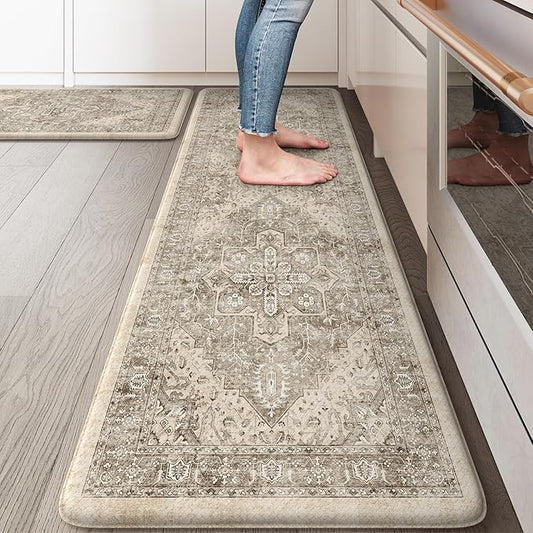 KIMODE Anti Fatigue Kitchen Mats 17"x59"+17"x29", Boho Kitchen Rugs Set of 2, Non-Slip Cushioned Kitchen Mats for Floor, Waterproof Kitchen Floor Mats for Sink, Laundry, Office, Desk Khaki