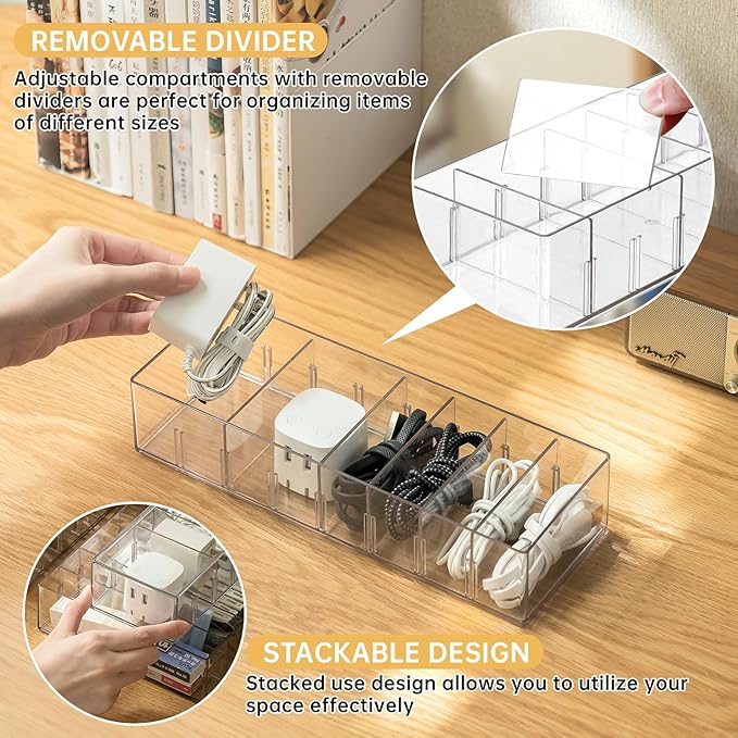 2 Pack Cable Storage Organizer Box with 8 Compartments and 14 Wire Ties, Stackable Charger Organizer, Clear Cord organizer for Drawer, Adjustable Divider Cord Management Box