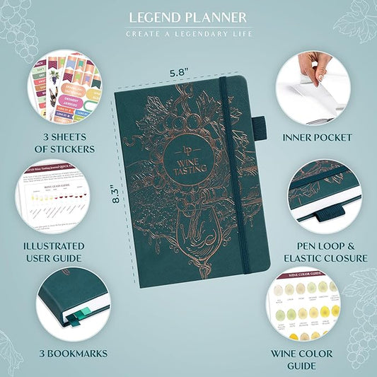 Legend Wine Tasting Journal – Wine Guide & Diary – Unique Accessories & Gifts for Wine Lovers, Women & Men, Eco Leather Notebook (Deep Sea)