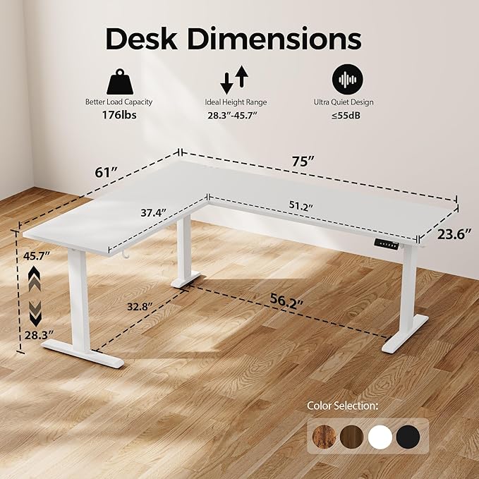 Agilestic 75 Inch L Shaped Standing Desk Adjustable Height, Corner Standing Desk, Sit Stand Up Computer Table, Splice Board, White