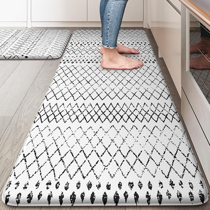 KIMODE Anti Fatigue Kitchen Mat, 20"x47"+20"x32" Kitchen Rugs Set of 2, Non-Slip Kitchen Floor Mats Cushioned, Comfort Mats for Kitchen Floor, Sink, Laundry, Office, Desk Black and White