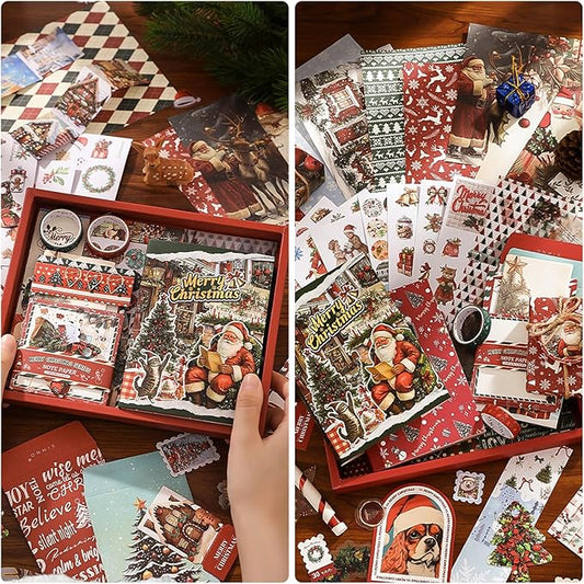 Christmas Scrapbooking Supplies Kit: New Year Festival Scrapbook Kit, Vintage Junk Journal Supplies with Aesthetic Scrapbook Stickers, Journaling Supplies, Craft Christma Gift for Teen Girl Kid Women