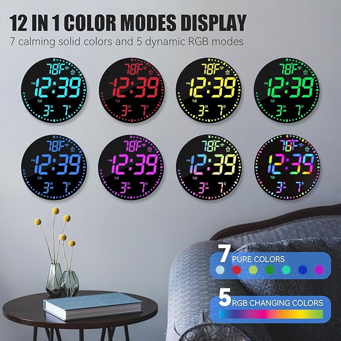 Kasbin 12” Smart Digital Wall Clock with App Control, Auto Brightness, Dual Alarm, Date/Temp(°F/°C) Display - 12 RGB Colors for Bedroom, Living Room, Office, Ideal Gift for Seniors