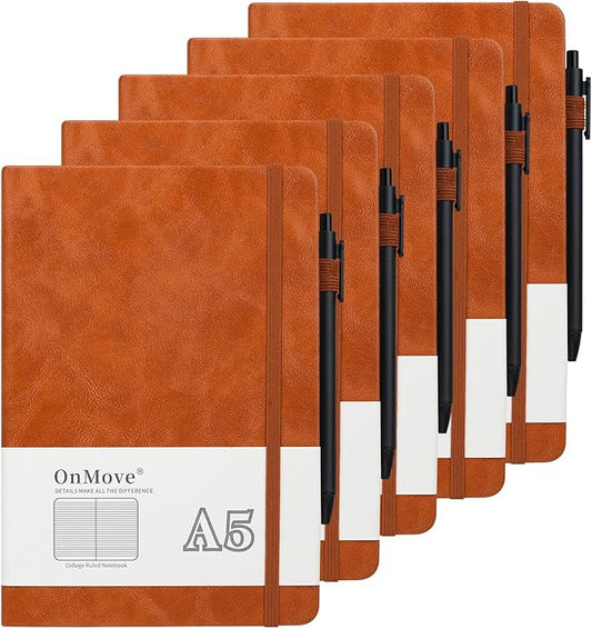 Notebooks Journal for Women Men 5 Pack Bulk Leather Hardcover with Pen Holder A5 160 Pages 100 GSM Thick Paper for Work School Lined Brown