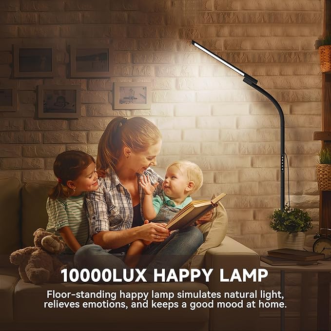 Happy Lamp,10000 Lux Sun Light, Floor Daylight Lamp with Remote & Touch Control & Adjustable Gooseneck for Reading/Office/Home (Black)
