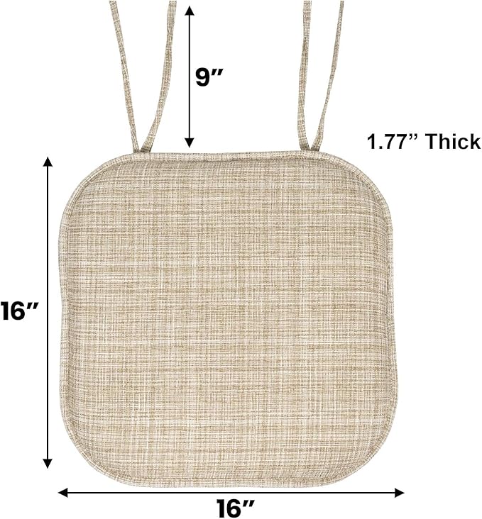 Sweet Home Collection Chair Cushion Memory Foam Pads with Ties Honeycomb Pattern Slip Non Skid Rubber Back Rounded Square 16" x 16" Seat Cover, 2 Pack, Aria Beige 6 pack
