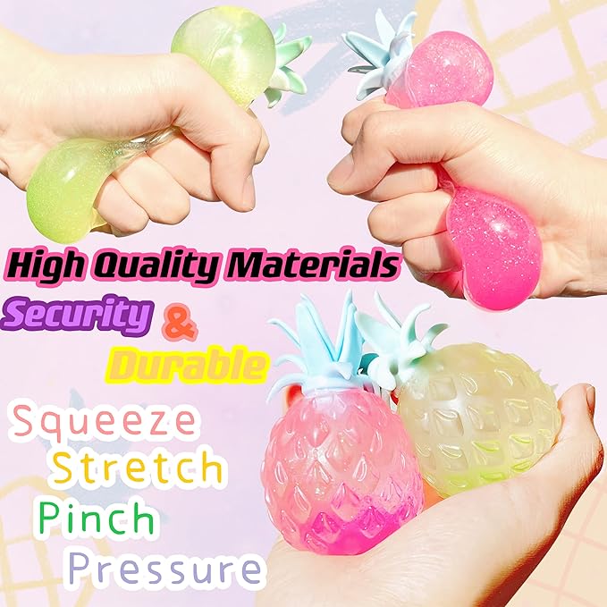 Pineapple Stress Balls for Kids and Adults Squishy Glitter Fruit Fidget Toys, (4pack) Sensory Stress Relief Toy Stretch Squeeze Ball, Stress Anxiety Relief Fidget Squishy Ball for ADHD Autism