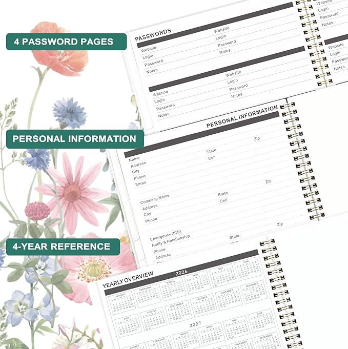 2026-2028 Monthly Planner- 3 Year Planner 2026-2028, Jan. 2026 - Dec. 2028, 3 Year Calendar 2026-2027-2028 monthly planner, 9" x 11", 36 Month Calendar with Colourful Tabs + Back Pocket - Flowers