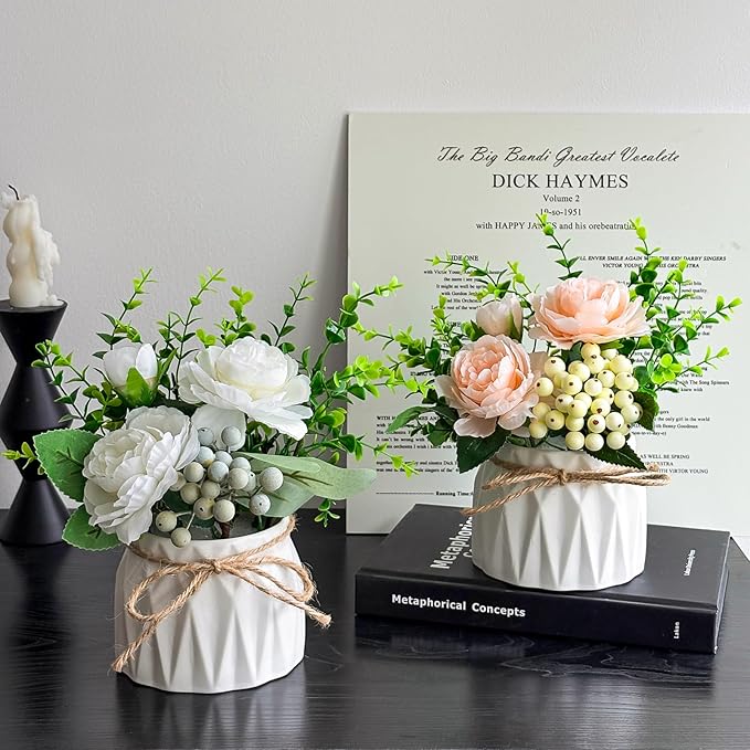 Faux Flowers with Vase, 2pcs Small White Artificial Flowers Arrangement, Potted Plants,Decoration for Bathroom Home Party Office Desk Wedding,Coffee Table Decor (White/Champagne)