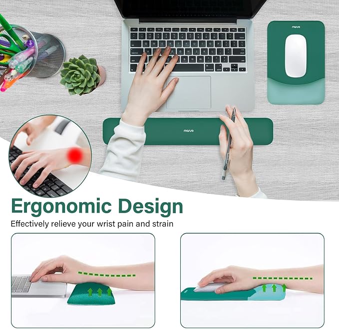 MOSISO Wrist Rest Support for Mouse Pad&Keyboard Set, Rectangular Ergonomic Mousepad Non-Slip Base Home/Office Pain Relief&Easy Typing Pad with Neoprene Cloth&Raised Curved Memory Foam, Peacock Green