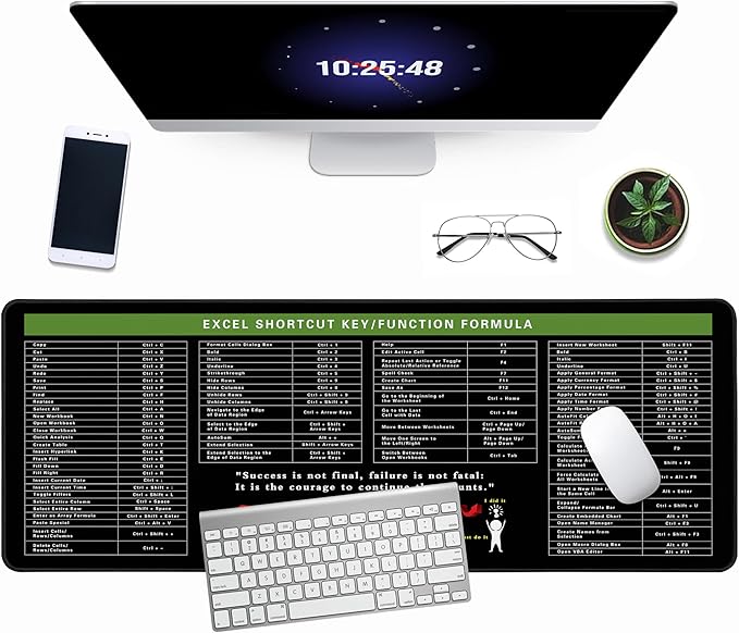 Excel Cheat Sheet Desk Pad, 31.5"x11.8", Waterproof Extra Large Excel Shortcut Mat with Stitched Edges, Anti-Slip Excel Mouse Pad for Office Desk, MS Excel/Word Shortcuts (Green Excel G)
